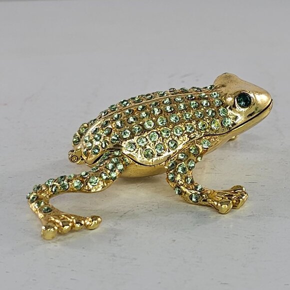 Gold Tone Frog Trinket Box Green Rhinestones Hinged Lid Small Jewelry Storage - Picture 3 of 6